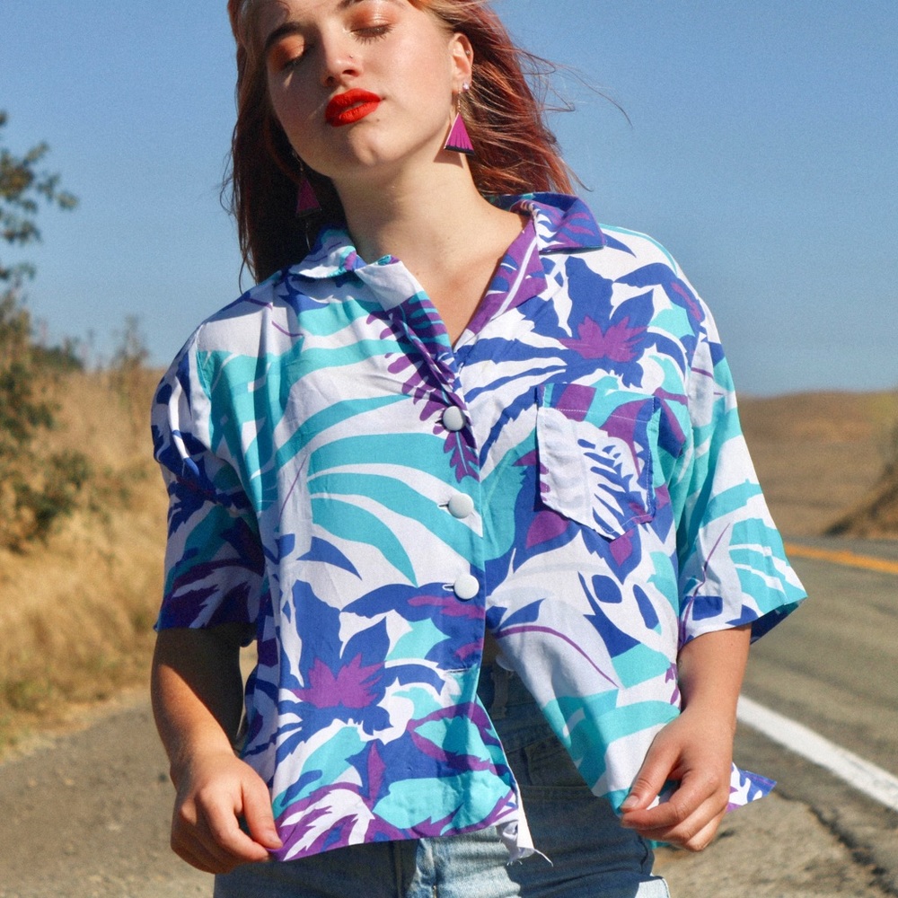 Vintage 80s Blue Tropical Printed Button Up
